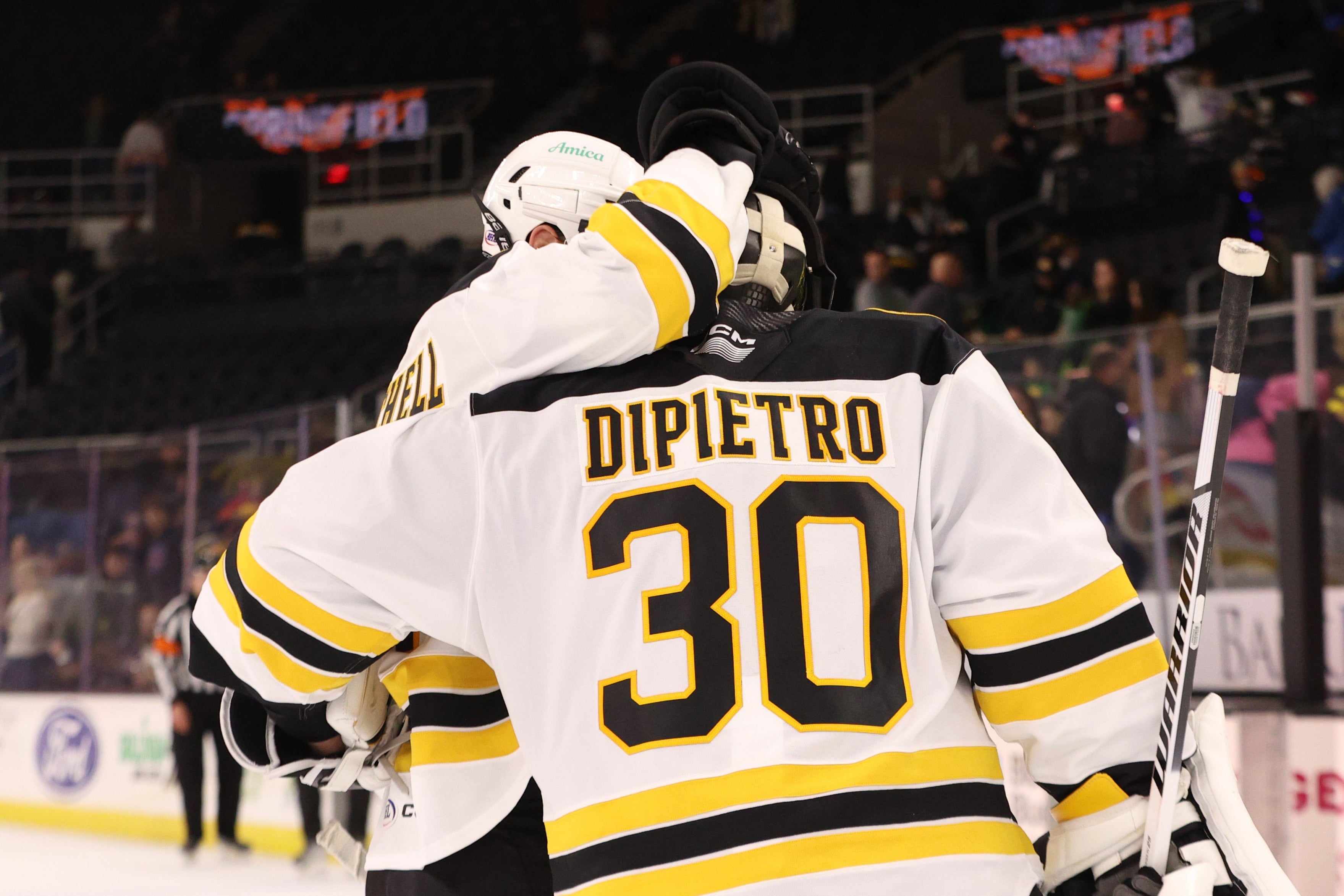 Hockey players on the ice with one wearing a jersey with the name 'DiPietro' and number '30'. When clicked, links to Providence Bruins Team News Web Page.