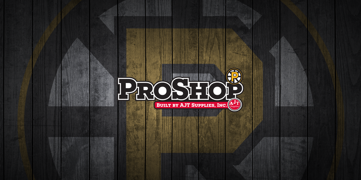 ProShop logo on a wooden-textured background with the Providence Bruins P Logo